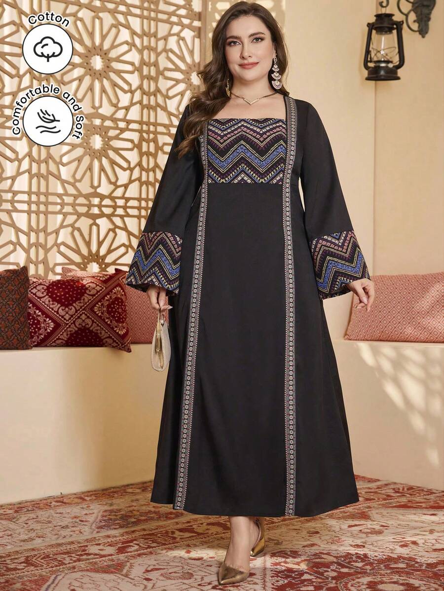 Al Najma Women's Square Neck Cinched Waist Flared Hem Splicing Elegant Plus Size Dress - Multicolor - View 1