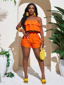 Slaydiva 2025 Summer New Arrivals, Music Festival, Easter, St. Patrick's Day, Western Style, Nomadic Style, Birthday Party, Graduation, Student Wear, Casual Daily Outfit, Vacation, Cruise Travel, Beach, Sunbathing, Fashion Influencer Style, Double-Layer Ruffle Cami Tank Top Set For Women