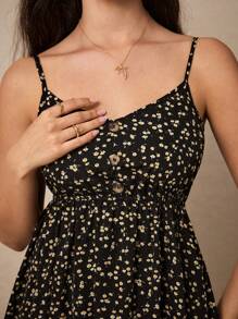 Poéselle Ditsy Floral Print Button Detail Cami Dress - Black - View 3