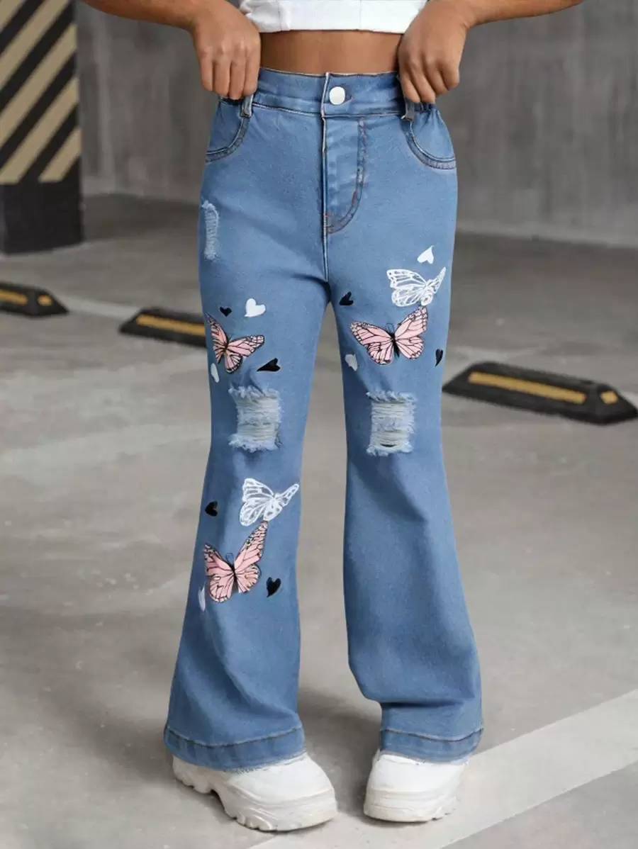 Young Girls Street Style Fashionable Fitted Distressed Color Butterfly Print Flared Mid-Washed Blue Casual Jeans Pants For Spring/Autumn - Medium Wash - View 1