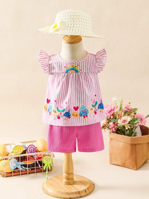 SHEIN Baby Girl Casual Vibrant Holiday Striped & Graffiti Print Cap Sleeve Top Paired With Pink Shorts Set, Lively & Cute Colorful Outfit For Spring Outings