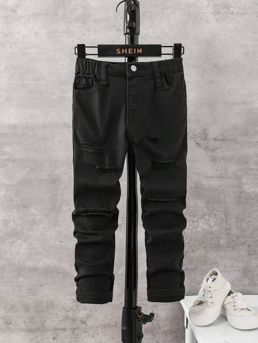 SHEIN Young Boy Ripped Frayed Elastic Waist Jeans - Black - View 1