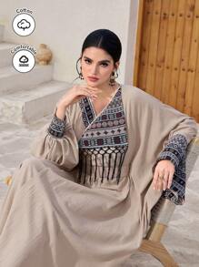 Al Najma Vestido de manga larga, estilo árabe modesto, con parches de unicolor y decoración con flecos para mujer - Albaricoque - Ver 8