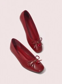 CUCCOO DOLLMOD Round Toe Comfortable Mary Jane Shoes With Bow & Heart Decor, Minimalist Stylish Cute Flat Shoes For Women - Burgundy - View 9