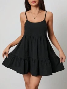 SHEIN PETITE Black Casual Suspender Backless Babydoll Dress,Sun Dress