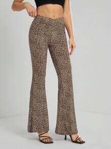 SHEIN Tall Women's Leopard Print Flare Pants, Fashion & Versatile - Brown - View 7