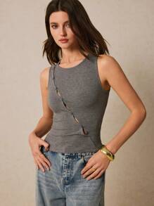 Poéselle Parte superior tipo tank de mujer informal de punto elástico con ajuste ceñido, cuello redondo, diseño con abertura, botones delanteros y unicolor, top de primavera para mujer