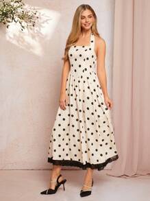 SHEIN Clasi Women's Elegant Halter Neck Apricot Base Black Polka Dot Dress For Spring & Summer Vacation Beach Outfits For Woman Western Wear Women Summer Dress  Western Wear Women Boho Festival  Bohemian Vacation Dress