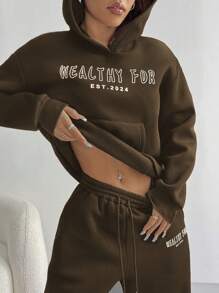 SHEIN Unity 女士字母印花口袋连帽衫，简约休闲设计，适合毕业季、教师节等场合，秋季返校季套头衫。 - 咖啡棕 - 查看 5