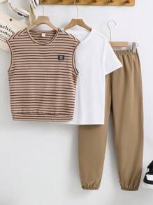 SHEIN Leap Crew 3pcs/Set Tween Boys' Casual Striped Vest, Short Sleeve Tee And Long Pants Set, Suitable For Commuting, School, Everyday Casual Wear, Sports, Spring/Summer - Khaki - View 2