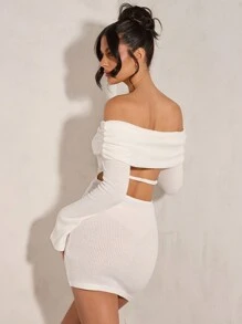 SHEIN BAE Damen Winter Lässig Elegant Off-Shoulder Kleid mit Cut Out Rücken und langen ausgestellten Ärmeln, Damen Vintage Mini Kleid geeignet für romantische Dates, Partys, formelle Anlässe, Weihnachten - Weiss - Übersicht 1