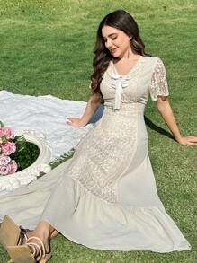 Modelyn Women Elegant Solid Color Lace Splice Bow Decor Long Dress - White - View 4