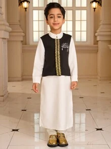 SHEIN 2pcs Muslim Kid Outfit - Shirt And Vest Set, Little Gentleman Muslim Boys White Robe Suit, Muslim Stand Collar Shirt For Boys Aged 4-7 Years