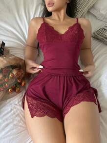 Sexy Lace Panel Women Sleepwear Pajama Set Cozy And Elegant Details, Fall Winter Clothes - Burgundy - View 5