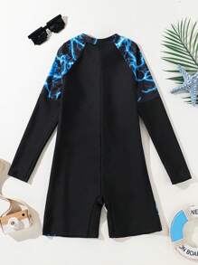 Boys' Lightning Print Color Block One-Piece Athletic Swimwear, Minimalist Yet Stylish Design - Multicolor - View 2