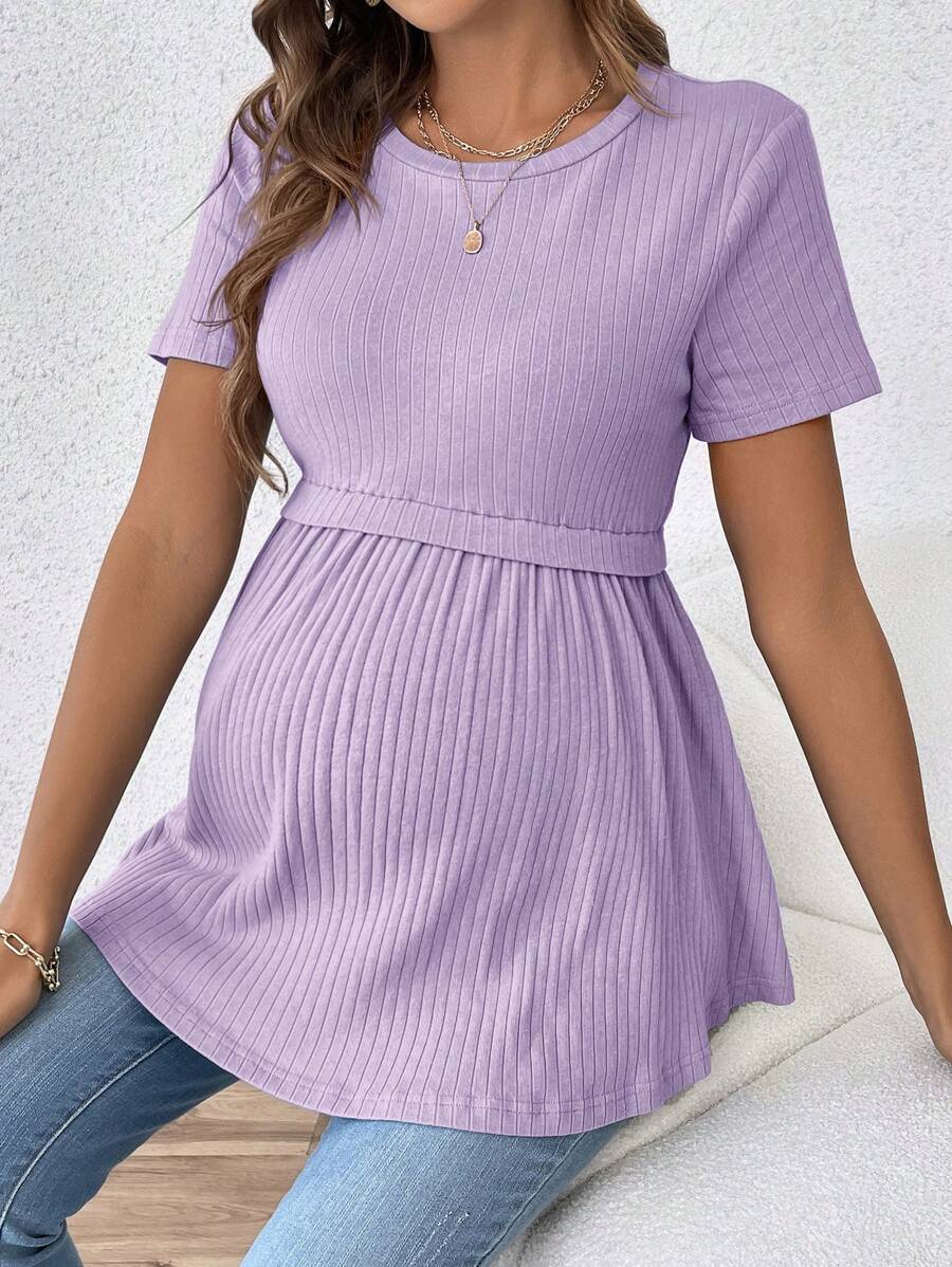 SHEIN 优雅浪漫性别揭示派对圆领短袖孕妇 T 恤