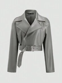 SHEIN Unity Fashionable Loose Design PU Leather Motorcycle Jacket - Grey - View 1