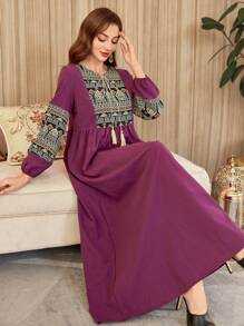 Al Najma Women's Elegant Arabic Style Mixed Geometric Print Lantern Sleeve Dress,Modest - Red Violet - View 7