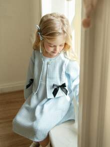 SHEIN Young Girl Front Button Long Sleeve Bow Decor Simple Jacket And Dress Set - Blue - View 12