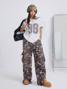 SHEIN EZwear Women's Daily Wear Streetwear Casual Leopard Number Pattern V-Neck T-Shirt - White - View 3