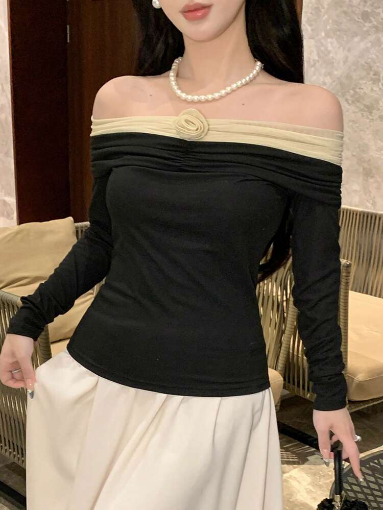 Colorblock Floral Print Off Shoulder Long Sleeve Top, Elegant Women Shirt For Spring & Summer