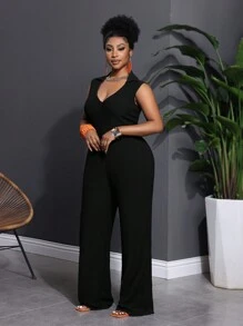 Slaydiva Spring/Summer Casual Slim Fit Solid Black Sleeveless Shirt Collar V-Neck Zip Front Straight Leg Pants - Knit Textured Fabric Women Plus Size Jumpsuit - Black - View 7