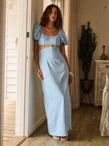 Aralina 亚麻蓝色泡泡袖剪裁夏日度假长裙 - 淺藍色 - 查看 1