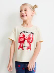 SHEIN Young Girls' Oversized Crew Neck Bow & Heart Print Pullover T-Shirt, Loose Fit, For Valentine's Day, Spring - Beige - View 5