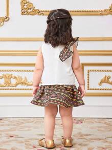 SHEIN 女婴夏季假期可爱荷叶边短款上衣和迷你裙套装 - 白色 - 查看 2