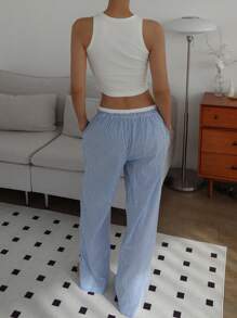 DAZY 简约休闲纯色背心和条纹睡裤女式两件套睡衣套装