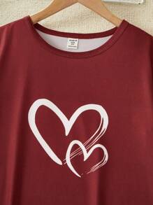 复古红色女孩画笔心形图案简约舒适短袖睡袍，睡衣 - 紅色 - 查看 5