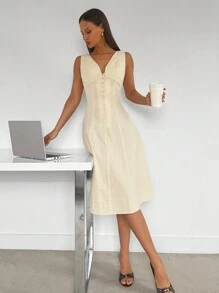 Siren Gaze 女士无袖 V 领低胸前扣 A 字形高腰露背及膝派对俱乐部婚纱 - 杏色 - 查看 3