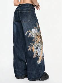 ROMWE Grunge Punk 复古街头风中国风老虎花卉刺绣宽松阔腿低腰牛仔裤，男女皆宜