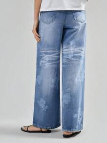 Ontre Calça Jeans Feminina Azul Cintura Baixa Casual Algodão Jeans Calça Reta Estampada Padrão Casual Estilo Dinheiro Antigo - Lavagem Média - Ver 3