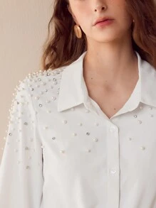 MOTF PREMIUM FAUX PEARL BEADED BUTTON UP SHIRT - White - View 5