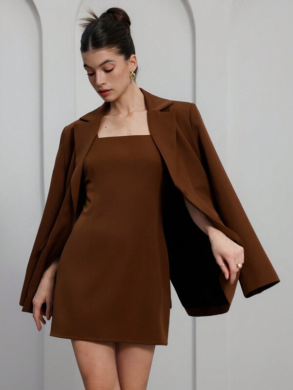 Aveloria Rosie Elegant Commuter Chic French Romantic Mocha Mousse Brown Square Collar Sleeveless Waist Dress & Oversized Long Sleeve Wide Strap Blazer 2 Pieces Set For Ladies Fall Cloth For Women