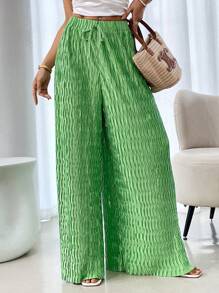 SHEIN Unity 女式纯色腰带纹理阔腿裤 - 綠色 - 查看 6