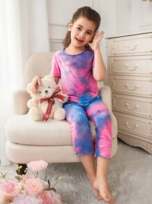 SHEIN Young Girls Simple Tie-Dye Pattern Ruffle Hem Round Neck Short Sleeve Top And Pants Comfy 2 Pieces Pajama Set