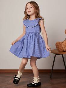 PrepCrw Young Girls' Fitted Round Neck Woven Dress, Blue Color, Spring/Summer - Blue and White - View 1