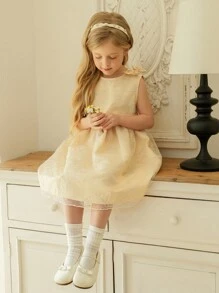Fetă tânără Rochie A-Line Fără mâneci cu fundă 3D, elegantă, de culoare solidă