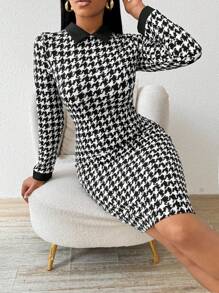 Fleurora Vestido de oficina, iglesia, informal y elegante de talla grande para primavera y verano. Vestido de tweed con estampado de pata de gallo, cuello de camisa, para mujer de talla grande