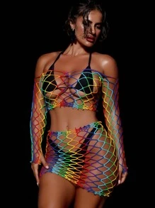 Swim SXY Spring Break Women 2pcs Set Knit Multi-Color Rainbow Long Sleeve Fishnet Bodysuit + Sexy Beach Dress - Multicolor - View 4