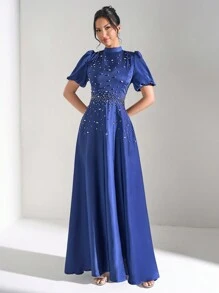 SHEIN Belle 宝石领短袖水钻装饰拼接礼服，婚礼宾客礼服，优雅奢华女士长裙，适合派对音乐节春夏，晚礼服 - 藏蓝色 - 查看 7