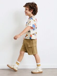 SHEIN Young Boys Pattern Print Round Neck Short Sleeve Tee And Loose Woven Shorts Set, Casual Daily Wear, Playful Style - Beige - View 4