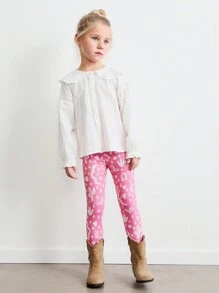 SHEIN 年轻女孩花卉印花粉色弹性腰带弹力针织紧身裤，风格可爱 - 粉色 - 查看 5