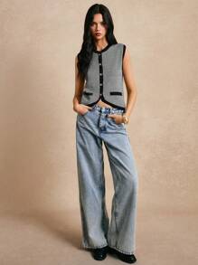 Poéselle 新款撞色条纹针织背心，秋冬时尚女士针织马甲 - 黑色 - 查看 4