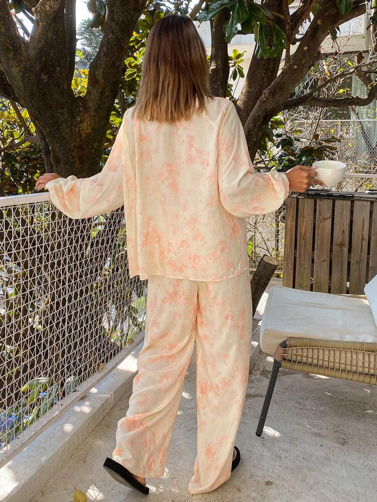 Floral Print Ruched Loose Lantern Sleeve Women Pajama Set, Cozy Sleepwear