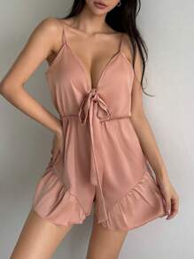 DAZY Satin Lace-Up Bow Decor Ruffle Hem Sleeveless Romper Women Pajamas - Pink - View 7