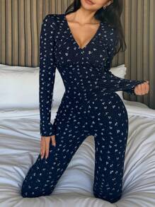 DAZY 女士碎花V领长袖上衣和裤子修身睡衣套装，秋冬服装 - 藏蓝色 - 查看 3