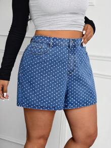 SHEIN EZwear Plus Size Women's Heart Pattern Pocket Loose Shorts - Medium Wash - View 3